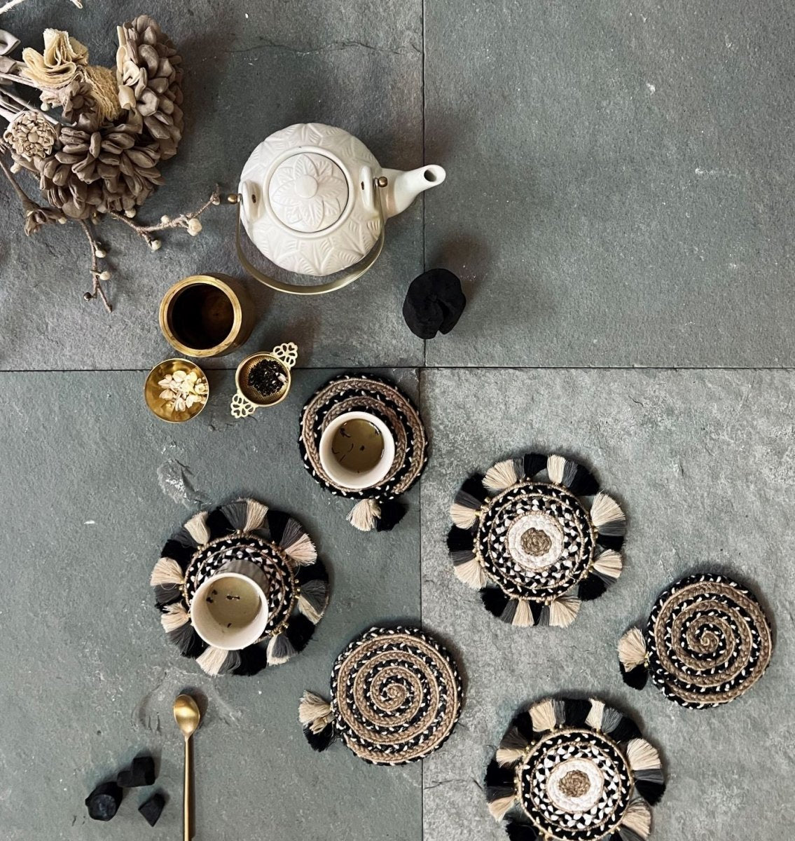 An Old Story - Black and White Coasters, Handcrafted, Set of 6 | Verified Sustainable by Brown Living™