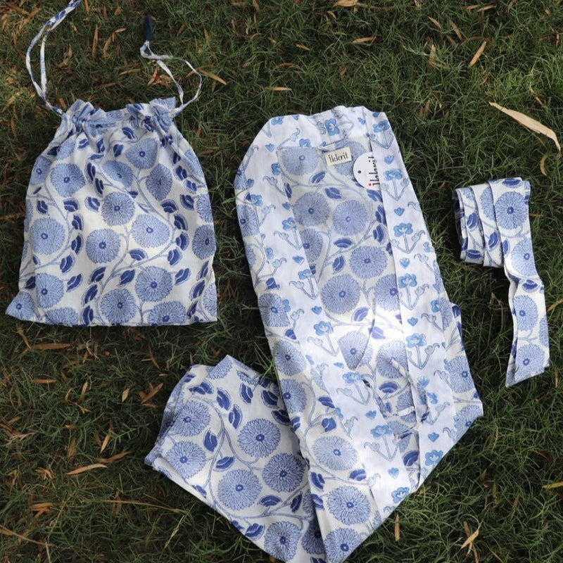 Buy Aqua Handblock Print Cotton Shorts Set | Shop Verified Sustainable Products on Brown Living