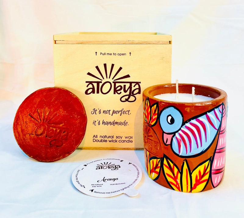 Buy Aranya Scented Soy Wax Candle | Folk art on Terracotta jar | Shop Verified Sustainable Candles & Fragrances on Brown Living™
