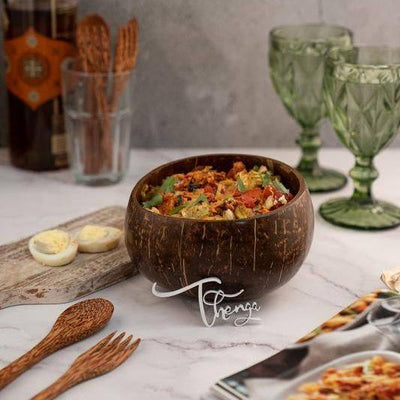 Artisan Jumbo Polished Coconut Bowl with Spoon & Fork - 900 ml – Plates & Bowls by Thenga available on Brown Living™. . SKU: 173 - 05698 - thenga - random - artisan - jumbo - polished - coconut - . Img 1.