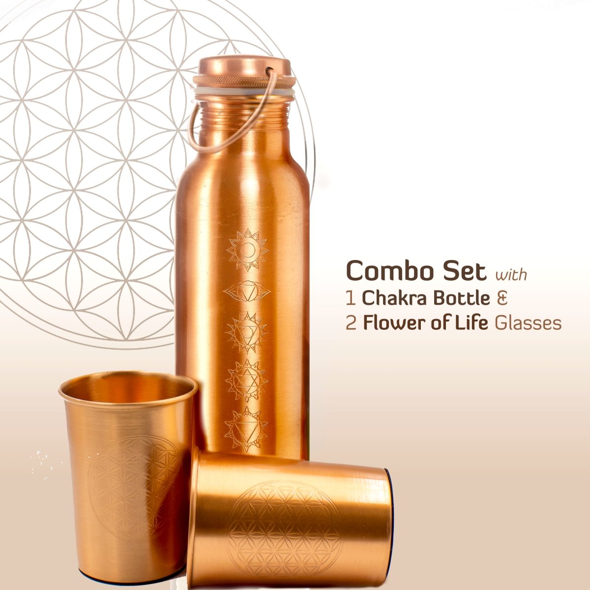 Artisitically Engraved 7 Chakras Ayurvedic Copper Bottle with 2 Glasses Set (Engraved with Flower of Life Symbol) | Verified Sustainable by Brown Living™