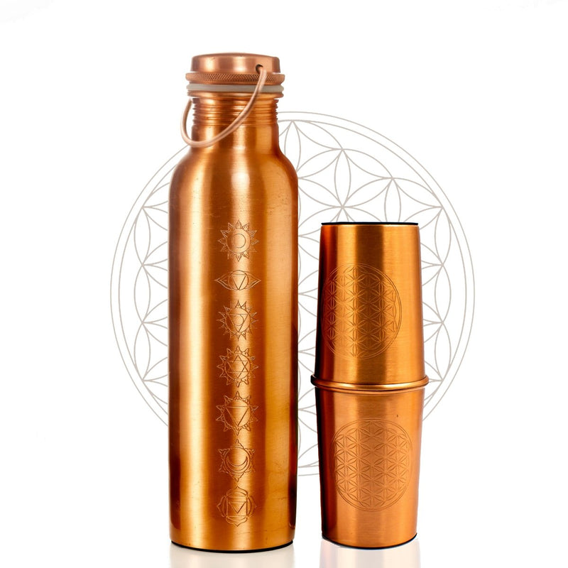 Buy Artisitically Engraved 7 Chakras Ayurvedic Copper Bottle with 2 Glasses Set (Engraved with Flower of Life Symbol) | Shop Verified Sustainable Bottles & Sippers on Brown Living™