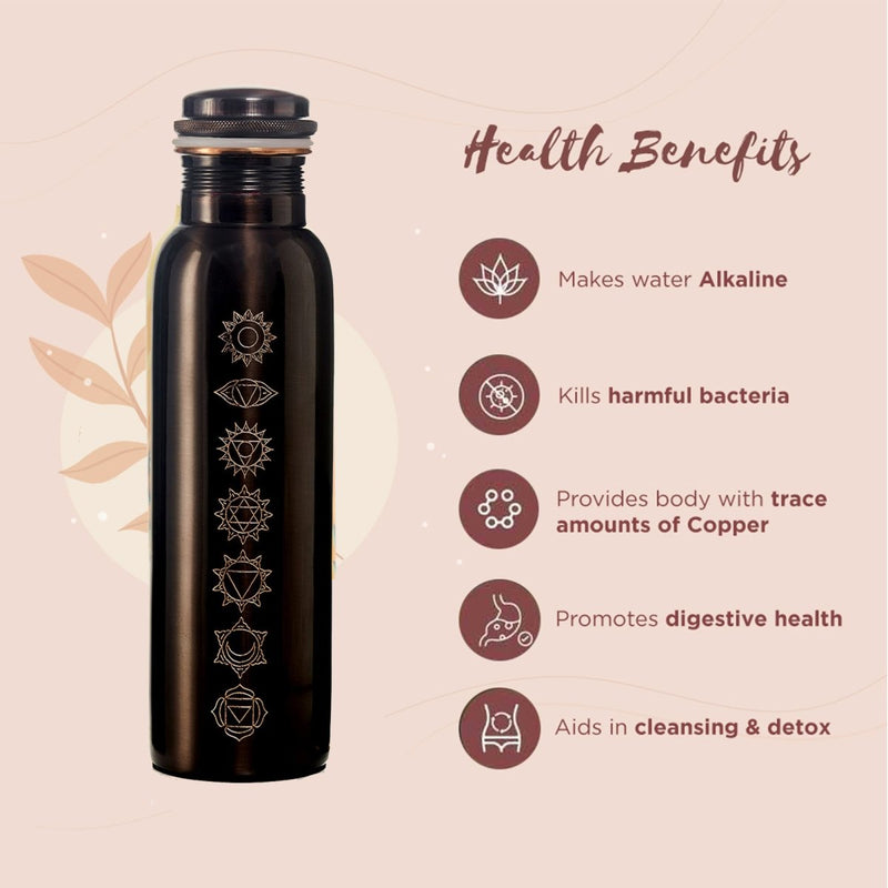 Buy Artisitically Engraved 7 Chakras Vintage Ayurvedic Copper Bottle with 2 Glasses Set (Engraved with Flower of Life Symbol) | Shop Verified Sustainable Products on Brown Living