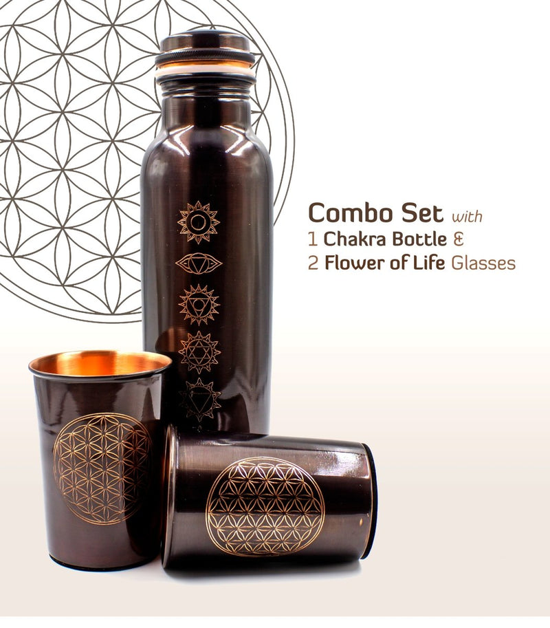 Buy Artisitically Engraved 7 Chakras Vintage Ayurvedic Copper Bottle with 2 Glasses Set (Engraved with Flower of Life Symbol) | Shop Verified Sustainable Products on Brown Living