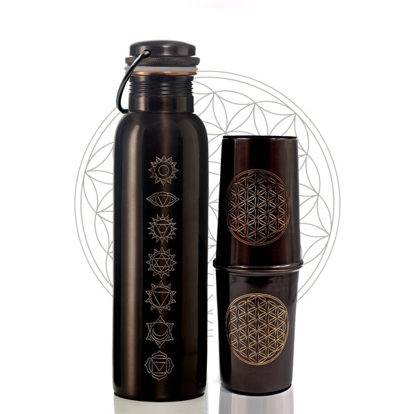 Buy Artisitically Engraved 7 Chakras Vintage Ayurvedic Copper Bottle with 2 Glasses Set (Engraved with Flower of Life Symbol) | Shop Verified Sustainable Bottles & Sippers on Brown Living™