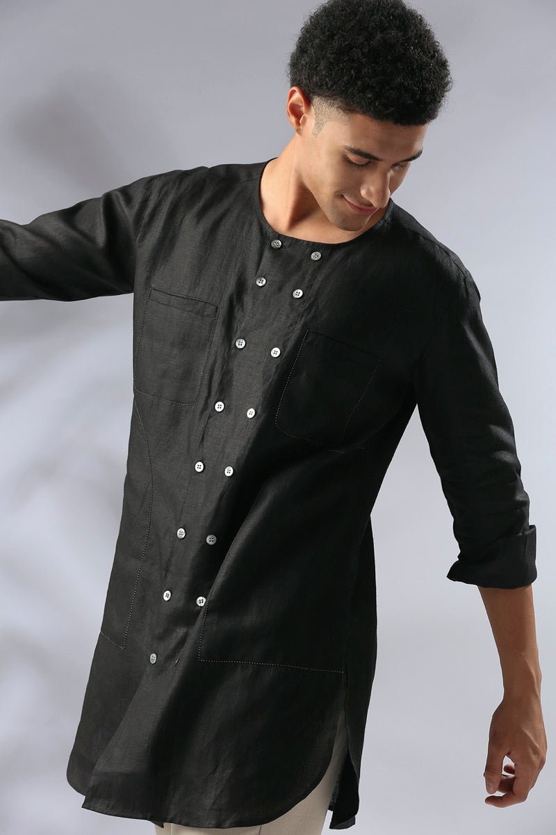 Ashoka Double Breasted Kurta - Black | Verified Sustainable by Brown Living™