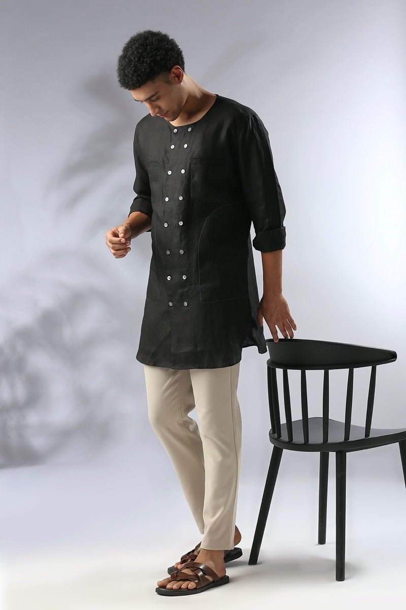 Ashoka Double Breasted Kurta - Black | Verified Sustainable by Brown Living™