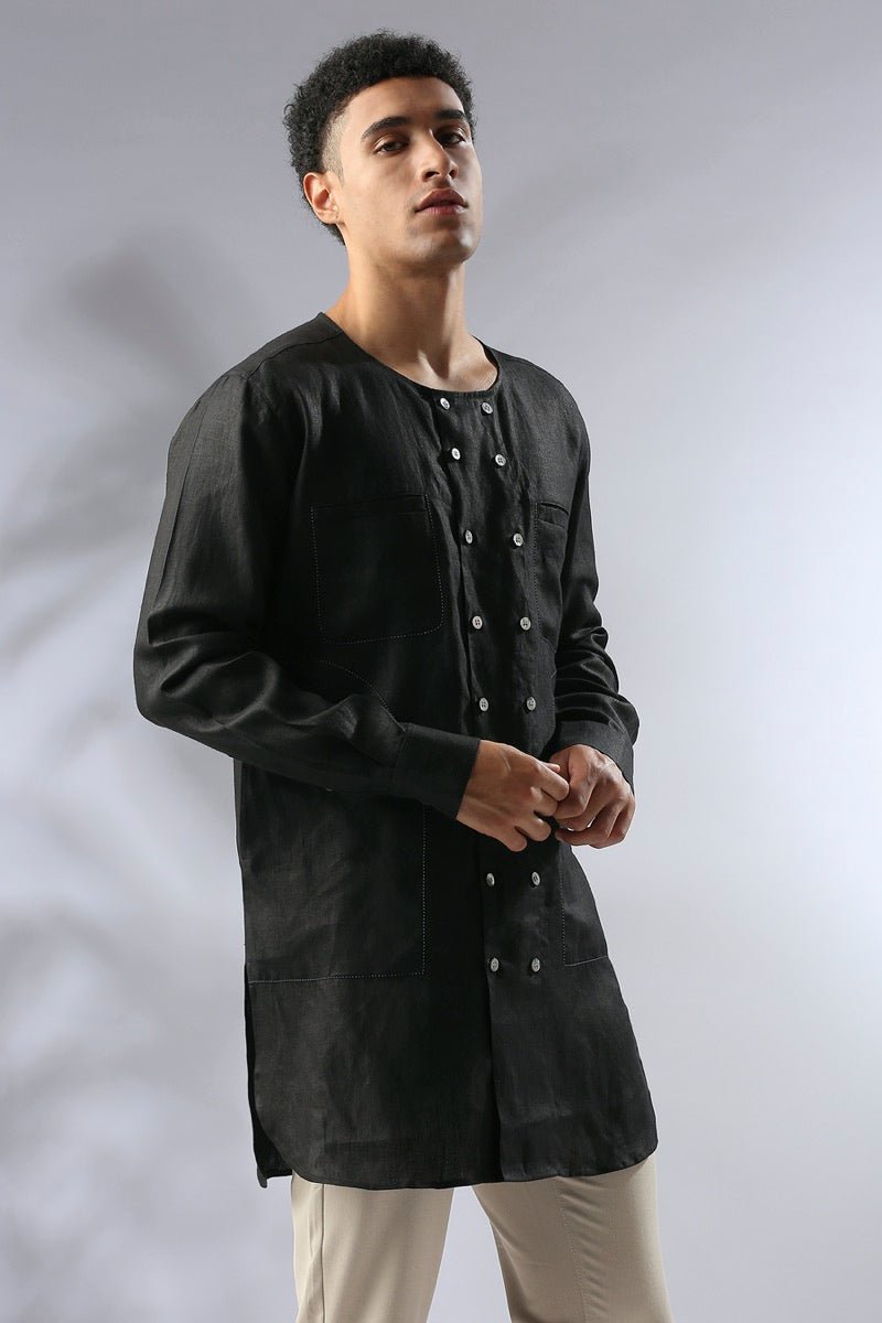 Ashoka Double Breasted Kurta - Black | Verified Sustainable by Brown Living™