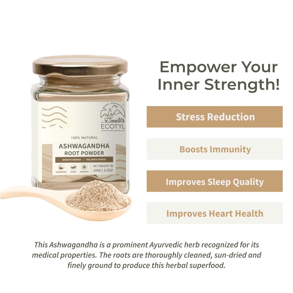 Ashwagandha Root Powder for Mental Well Being | 100g | Verified Sustainable by Brown Living™