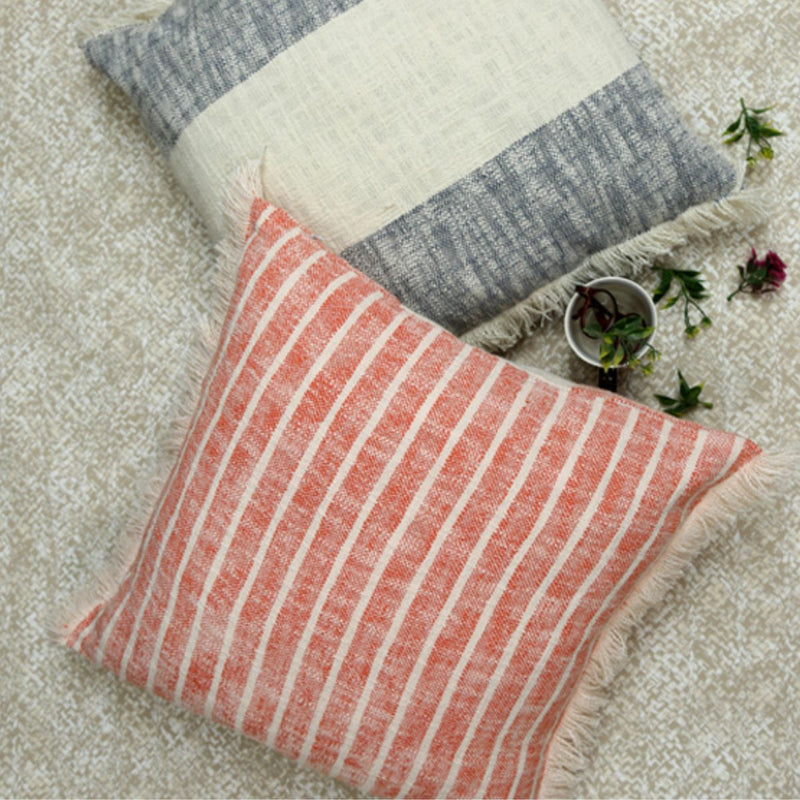 Buy Awry Stripe Cushion Cover Reversible 2 Side Fringes- Coral Rose 20X20 inches | Shop Verified Sustainable Products on Brown Living