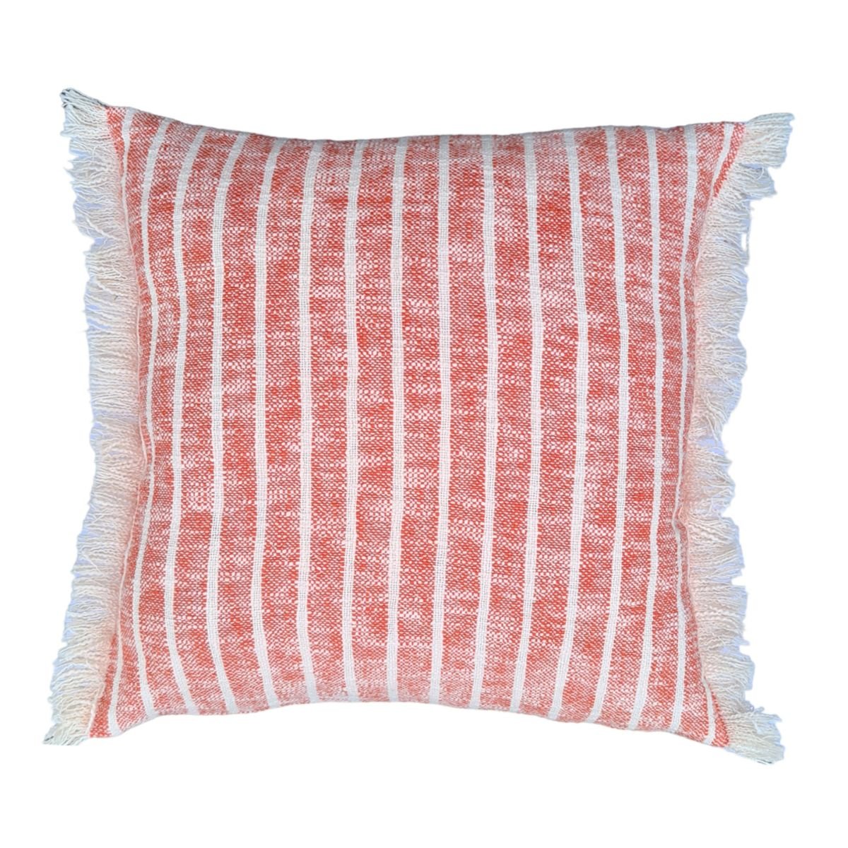 Awry Stripe Cushion Cover Reversible 2 Side Fringes - Coral Rose 20X20 inches | Verified Sustainable by Brown Living™