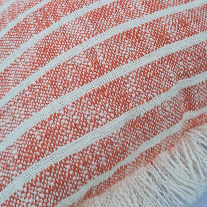 Awry Stripe Cushion Cover Reversible 2 Side Fringes - Coral Rose 20X20 inches | Verified Sustainable by Brown Living™