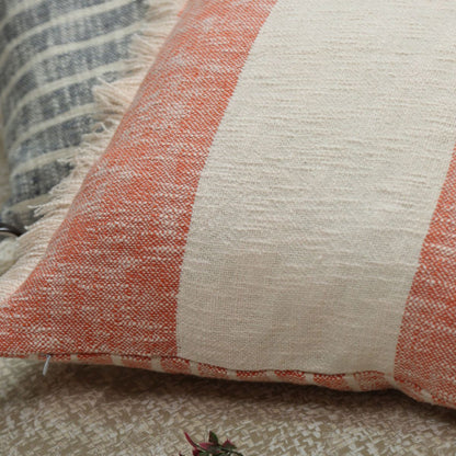 Awry Stripe Cushion Cover Reversible 2 Side Fringes - Coral Rose 20X20 inches | Verified Sustainable by Brown Living™