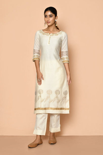 Ayoola Flora Ivory Handloom Maheshwari Silk Kurta Set | Verified Sustainable by Brown Living™