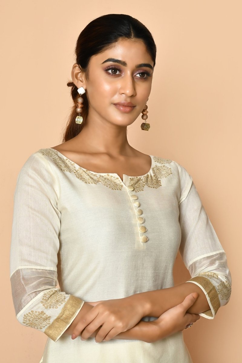 Ayoola Flora Ivory Handloom Maheshwari Silk Kurta Set | Verified Sustainable by Brown Living™