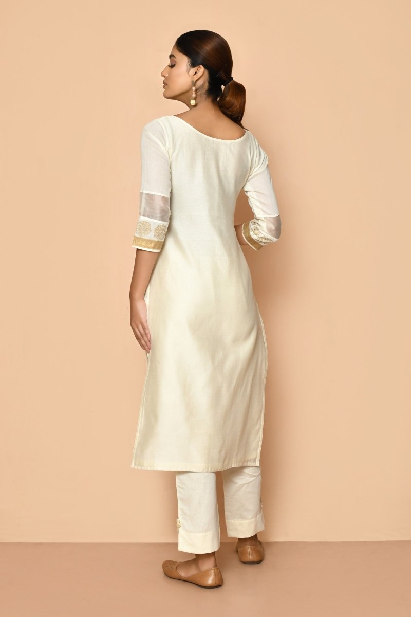 Ayoola Flora Ivory Handloom Maheshwari Silk Kurta Set | Verified Sustainable by Brown Living™