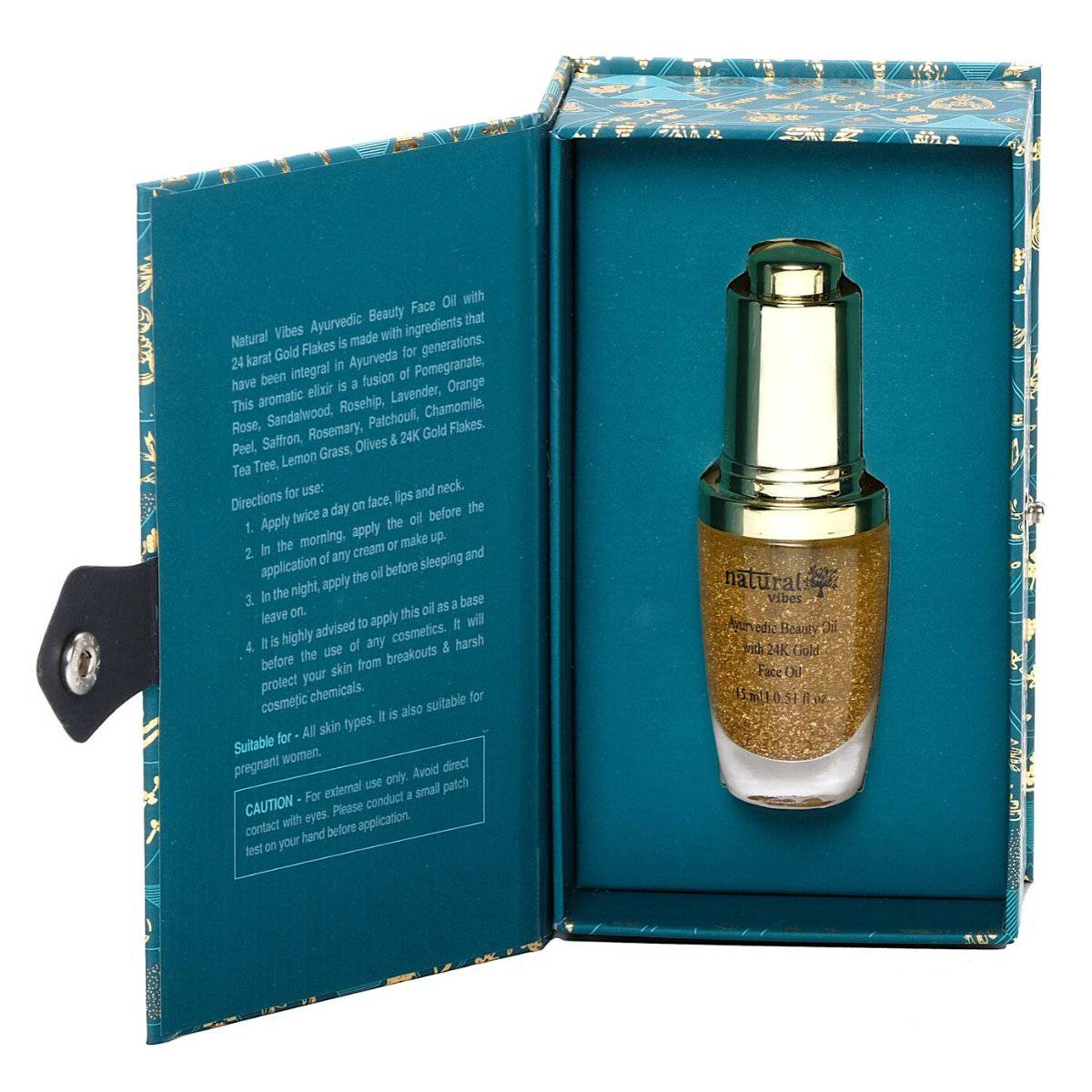 Ayurvedic Beauty Oil with 24K Gold Flakes 15ml – Face Oil by Natural Vibes available on Brown Living™. . SKU: 063 - 01373 - NV_beauty_oil_15ml. Img 2.