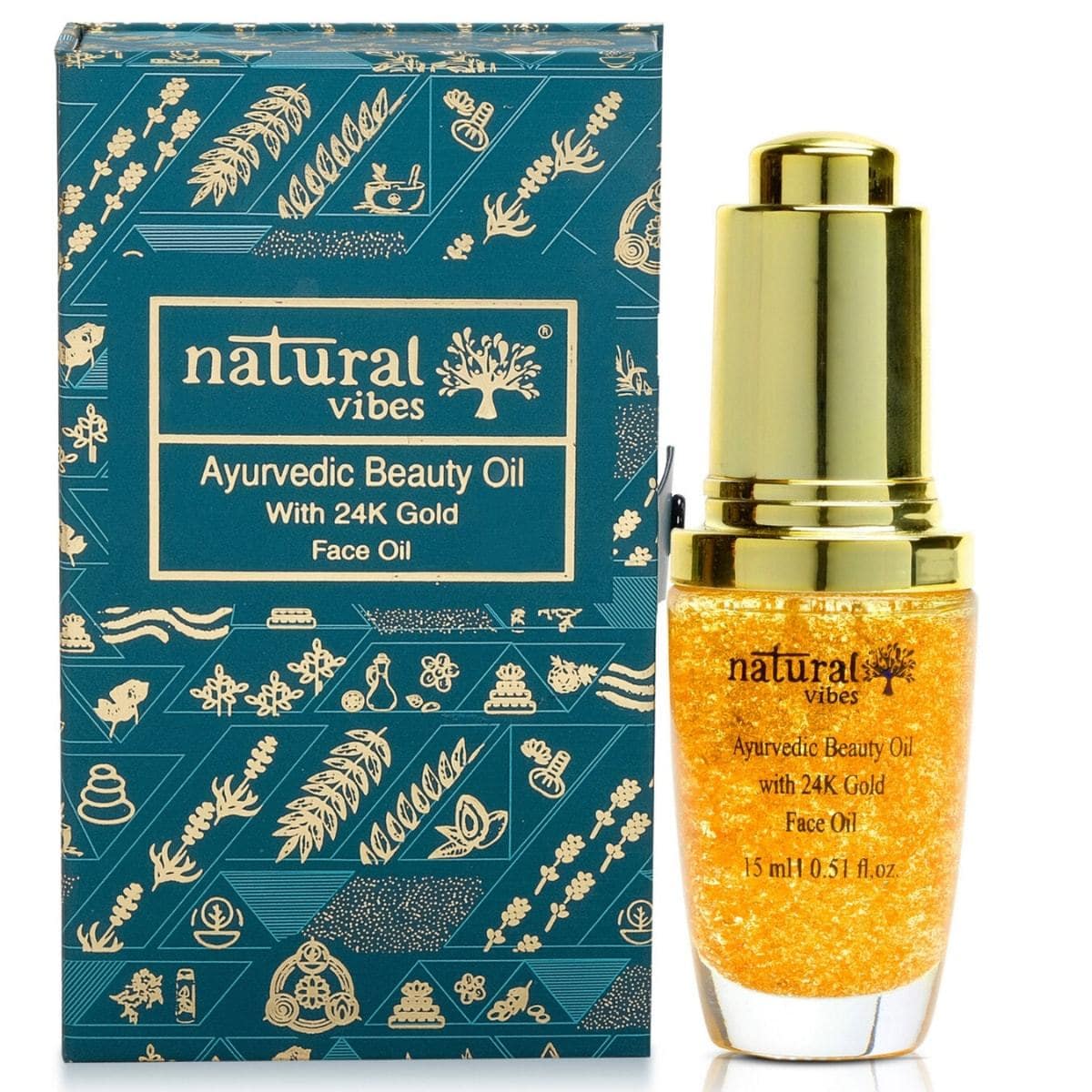 Ayurvedic Beauty Oil with 24K Gold Flakes 15ml – Face Oil by Natural Vibes available on Brown Living™. . SKU: 063 - 01373 - NV_beauty_oil_15ml. Img 1.