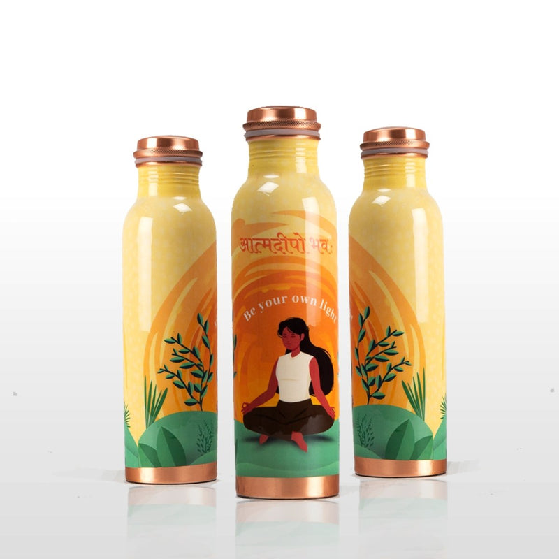 Buy Ayurvedic Copper Bottle with Yogic & Ethnic Indian Artwork - Orange Light | Shop Verified Sustainable Products on Brown Living