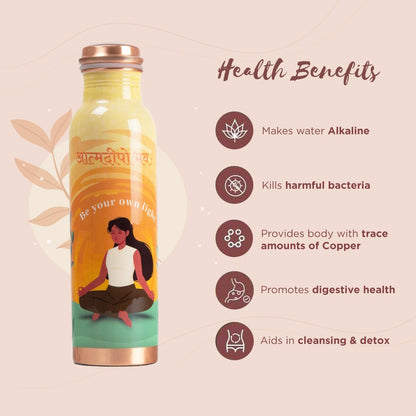 Ayurvedic Copper Bottle with Yogic & Ethnic Indian Artwork - Orange Light | Verified Sustainable by Brown Living™