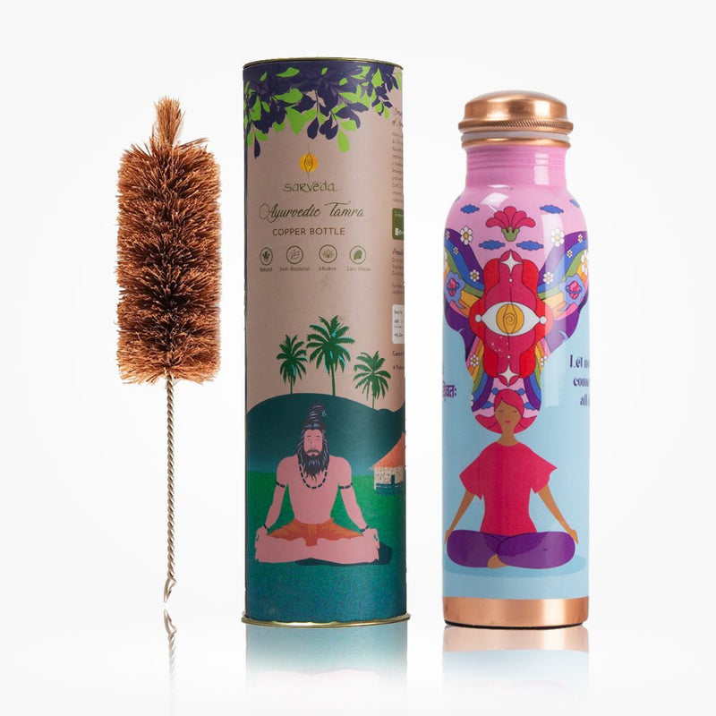 Buy Ayurvedic Copper Bottle with Yogic & Ethnic Indian Artwork - Pink Noble Thoughts | Shop Verified Sustainable Products on Brown Living