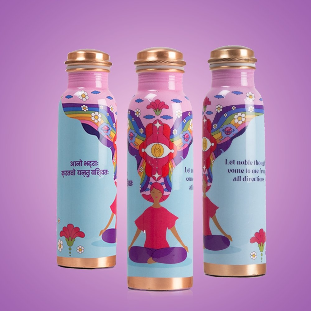 Ayurvedic Copper Bottle with Yogic & Ethnic Indian Artwork - Pink Noble Thoughts | Verified Sustainable by Brown Living™