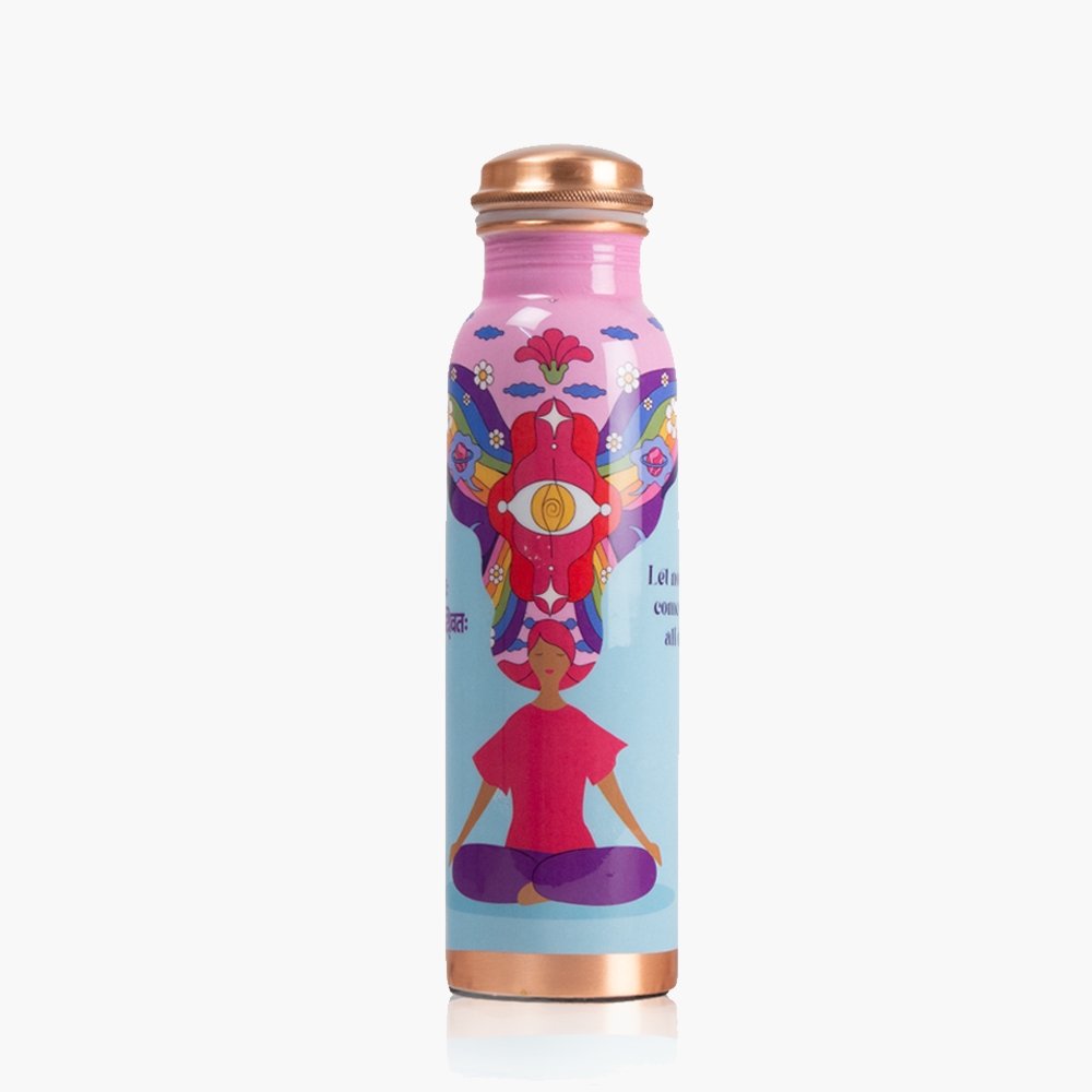 Ayurvedic Copper Bottle with Yogic & Ethnic Indian Artwork - Pink Noble Thoughts | Verified Sustainable by Brown Living™