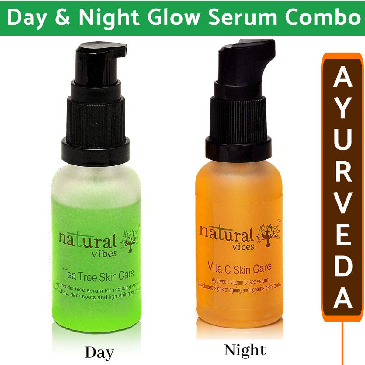 Ayurvedic Skin Repair and Glow Combo Day and Night – Face Serum by Natural Vibes available on Brown Living™. . SKU: 063 - 01431 - NV_repair_glow_combo_teatree_VitaC_serum. Img 1.