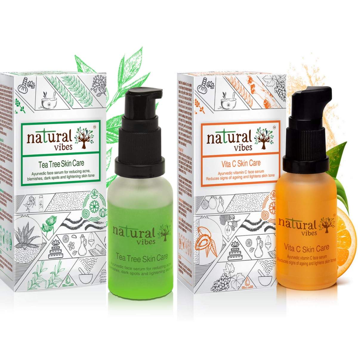 Ayurvedic Skin Repair and Glow Combo Day and Night – Face Serum by Natural Vibes available on Brown Living™. . SKU: 063 - 01431 - NV_repair_glow_combo_teatree_VitaC_serum. Img 2.