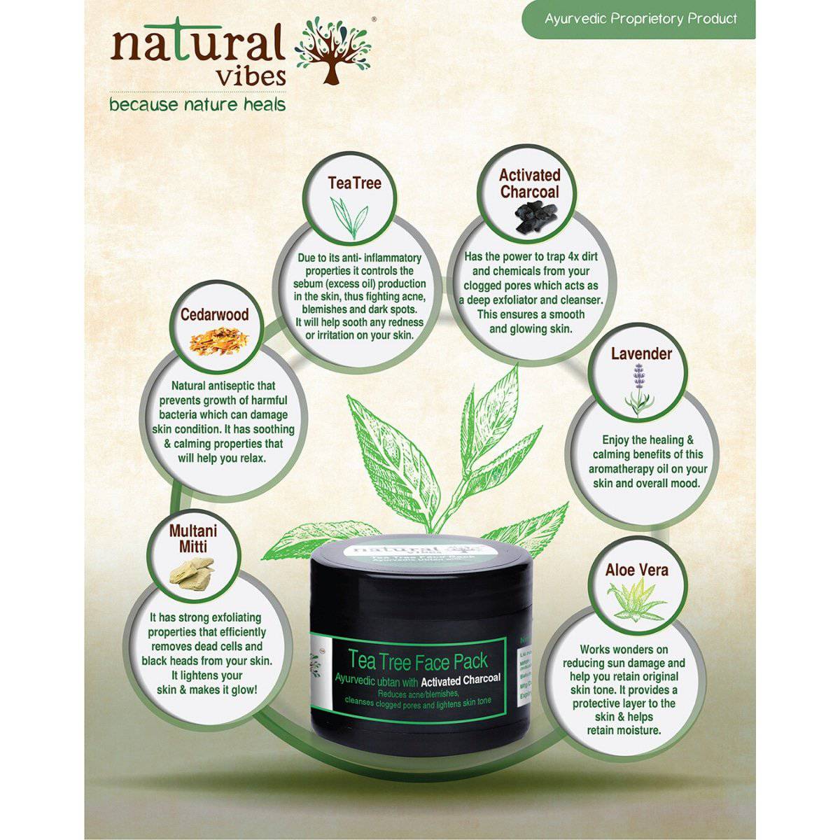 Ayurvedic Tea Tree and Activated Charcoal Face Pack 50g – Face Pack by Natural Vibes available on Brown Living™. . SKU: 063 - 01370 - NV_teatree_charcoal_pack_50g. Img 3.