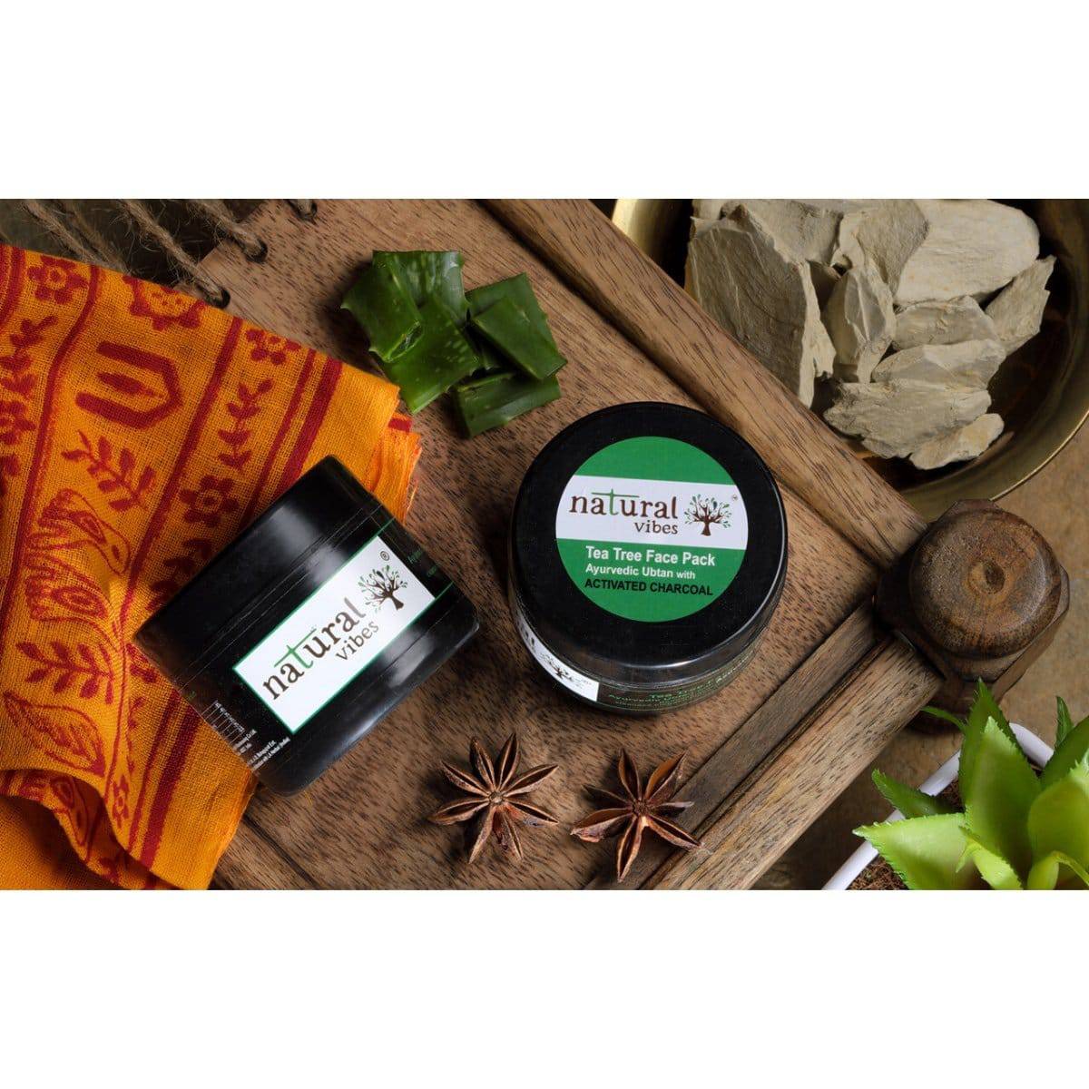 Ayurvedic Tea Tree and Activated Charcoal Face Pack 50g – Face Pack by Natural Vibes available on Brown Living™. . SKU: 063 - 01370 - NV_teatree_charcoal_pack_50g. Img 1.