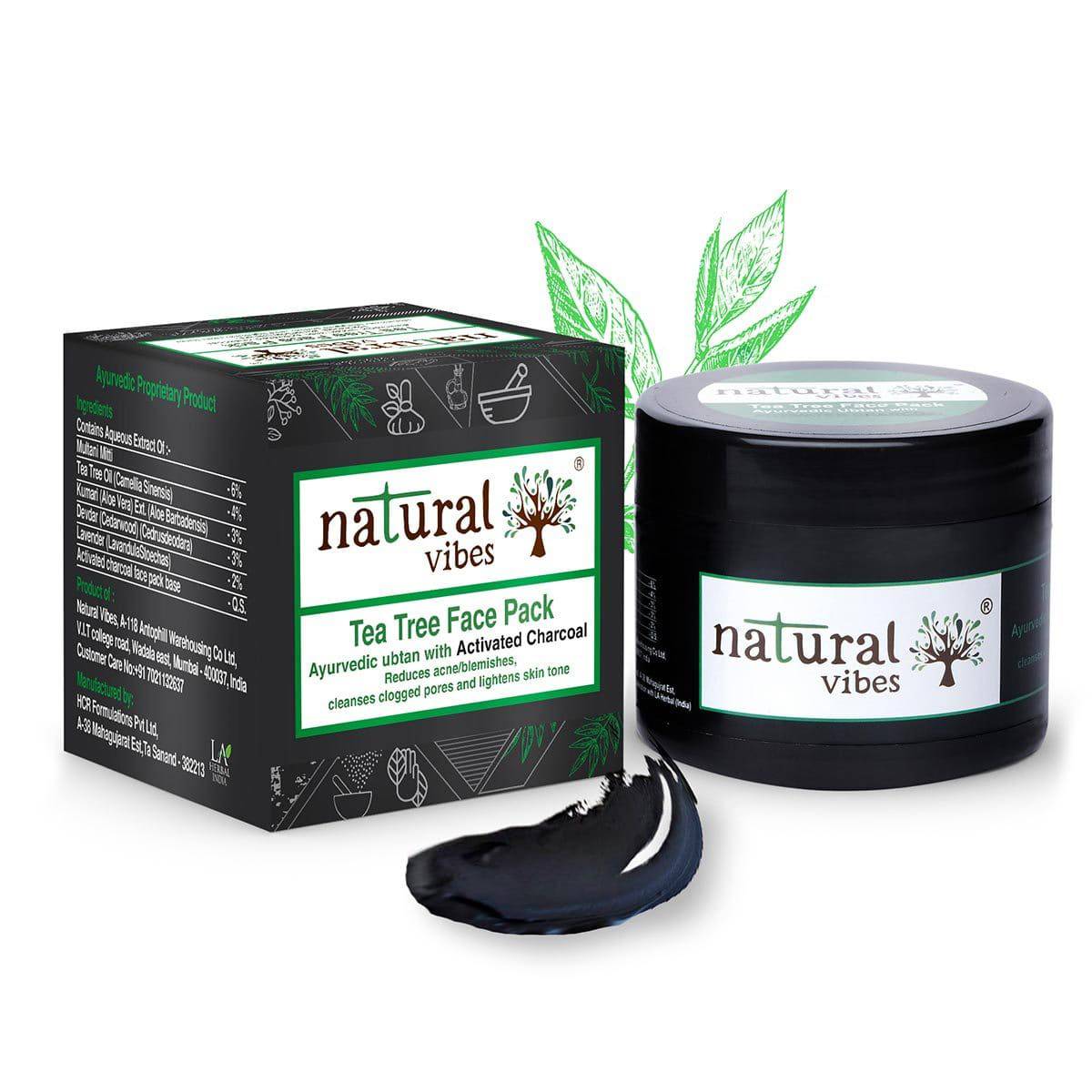 Ayurvedic Tea Tree and Activated Charcoal Face Pack 50g – Face Pack by Natural Vibes available on Brown Living™. . SKU: 063 - 01370 - NV_teatree_charcoal_pack_50g. Img 2.
