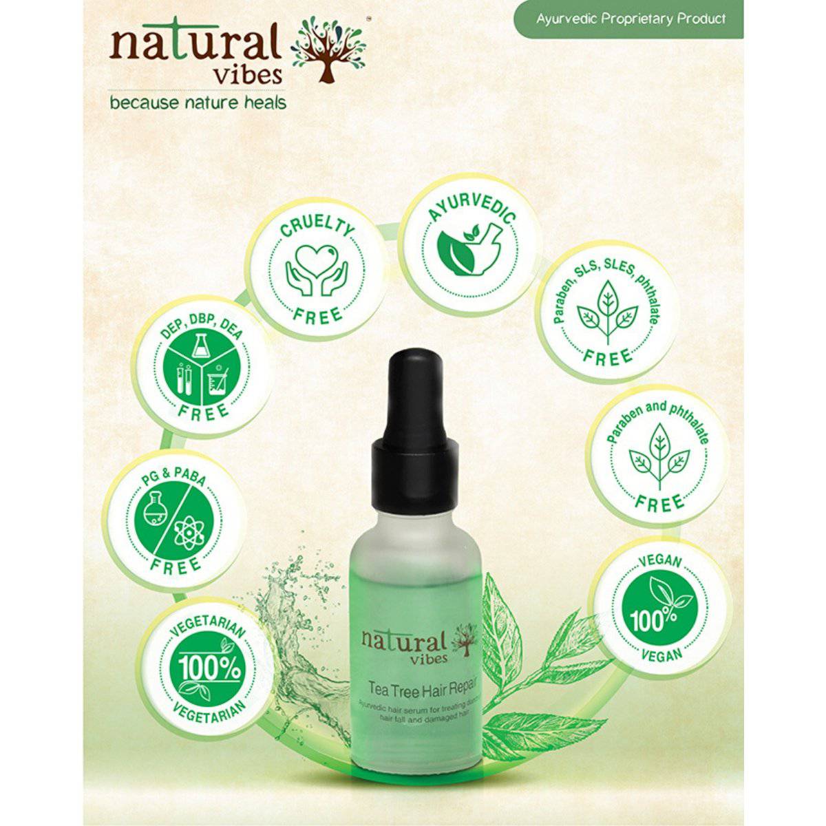 Ayurvedic Tea Tree Hair Repair Serum 30 ml – Hair Serum by Natural Vibes available on Brown Living™. . SKU: 063 - 01372 - NV_teatree_hair_serum_30ml. Img 4.