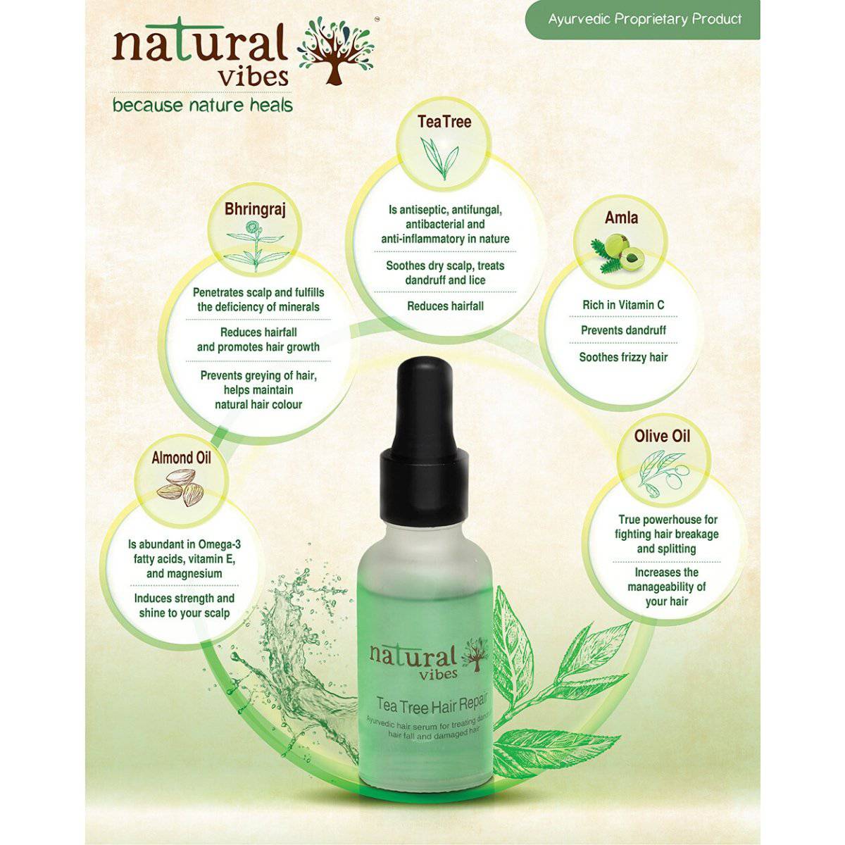 Ayurvedic Tea Tree Hair Repair Serum 30 ml – Hair Serum by Natural Vibes available on Brown Living™. . SKU: 063 - 01372 - NV_teatree_hair_serum_30ml. Img 3.