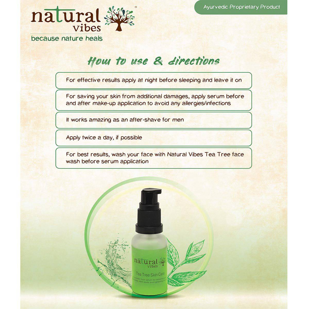 Ayurvedic Tea Tree Skin Repair Serum 30 ml – Face Serum by Natural Vibes available on Brown Living™. . SKU: 063 - 01365 - NV_teatree_skin_serum_30ml. Img 4.
