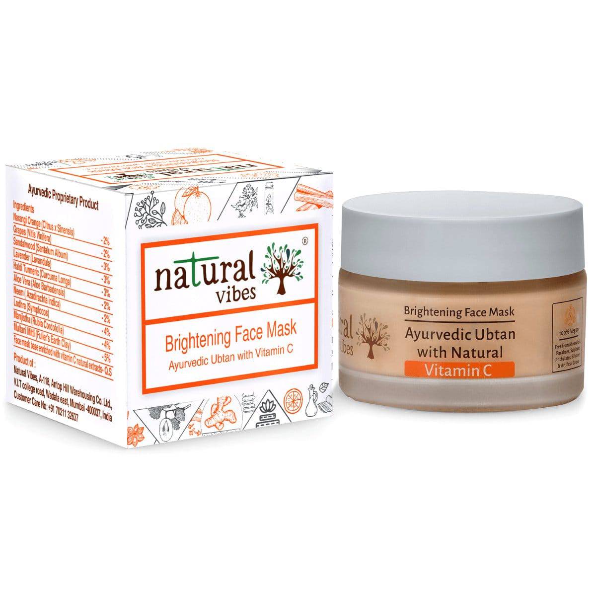 Ayurvedic Vitamin C Brightening Face Mask/Pack 50g – Face Pack by Natural Vibes available on Brown Living™. . SKU: 063 - 11068 - NV_vita_c_brightening_face_mask_50g. Img 1.