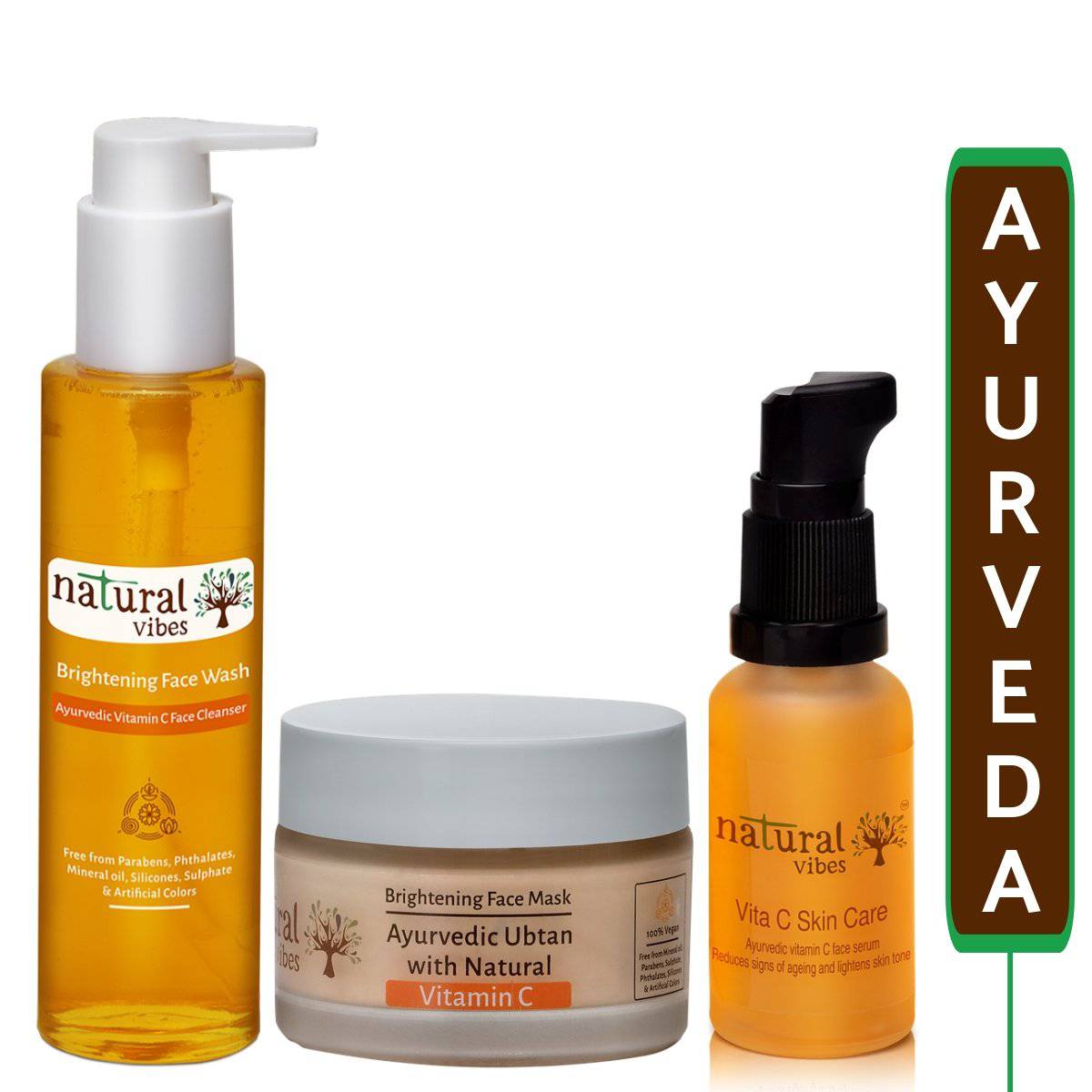 Ayurvedic Vitamin C Skin Repair and Glow Regime (Face wash + Ubtan + Serum) – Face Wash by Natural Vibes available on Brown Living™. . SKU: 063 - 01436 - NV_vitac_skin_repair_glow_regime. Img 1.