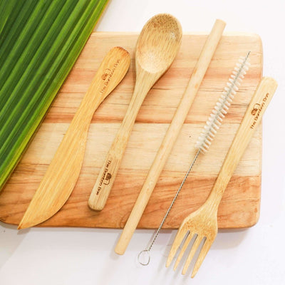 Bamboo Cutlery | Eco Friendly Travel Cutlery | Handcrafted Cutlery Spoon Fork Knife Bamboo Straw – Cutlery Kit on Brown Living™. SKU: TBB - 5. Img 1.