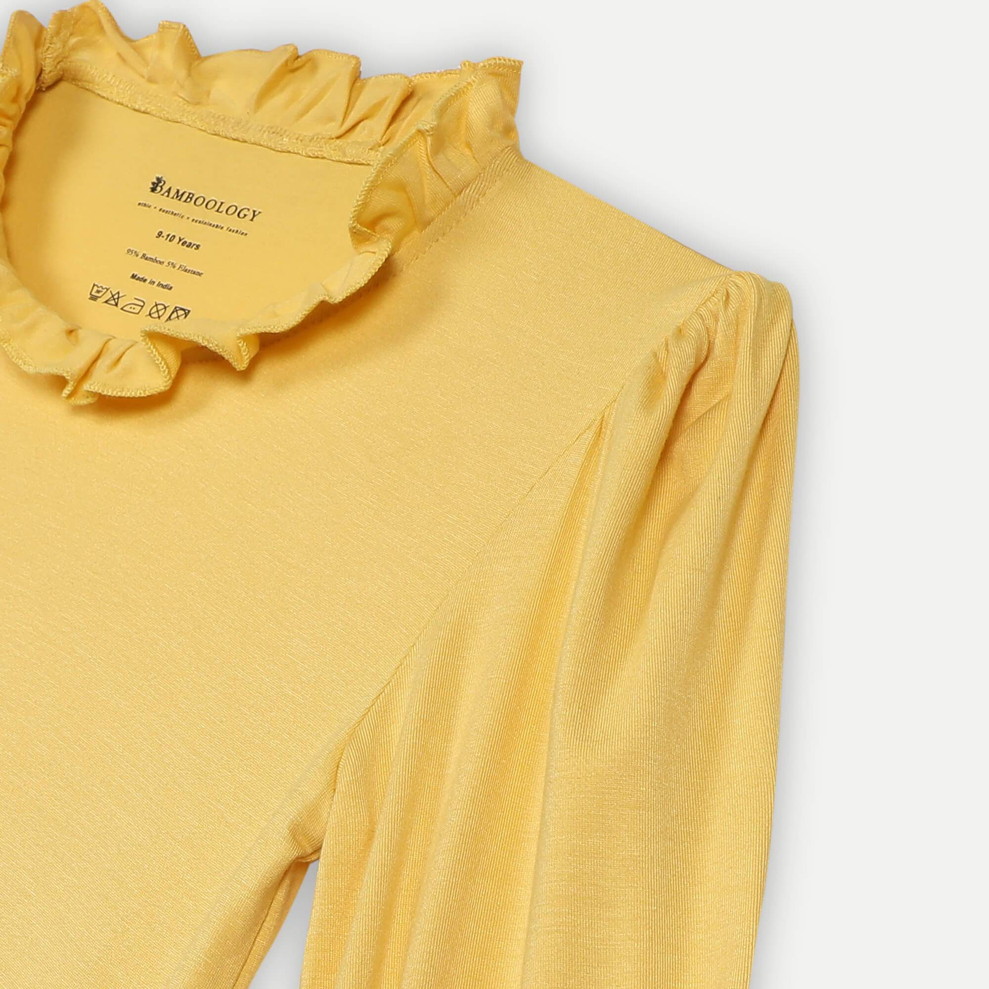 Bamboo Fabric Girl's Ruffle Neck Top - Yellow | Verified Sustainable by Brown Living™