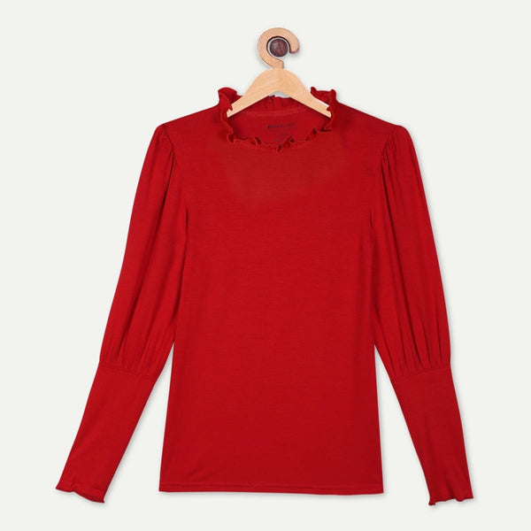 Buy Bamboo Fabric Girl's Ruffle Neck Top - Maroon | Shop Verified Sustainable Kids Tops on Brown Living™