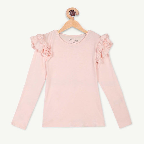 Buy Bamboo Fabric Girl's Ruffled Shoulder Top - Baby Pink | Shop Verified Sustainable Kids Tops on Brown Living™