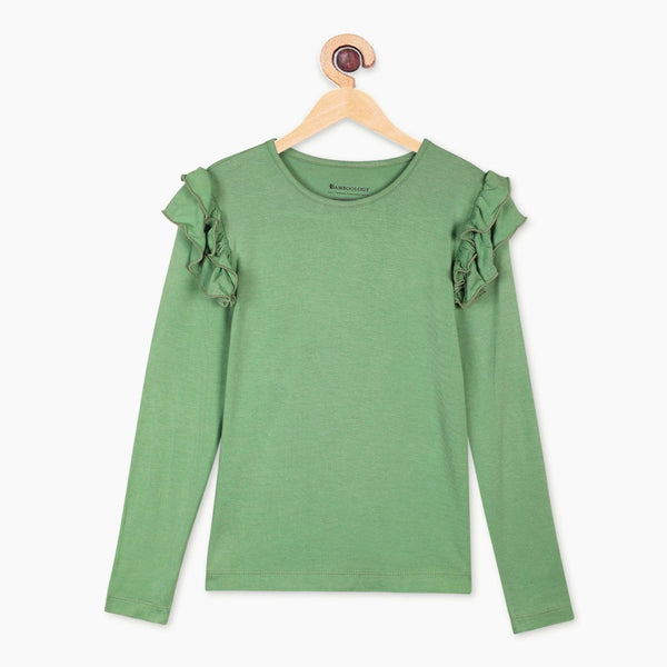 Buy Bamboo Fabric Girl's Ruffled Shoulder Top - Powder Green | Shop Verified Sustainable Kids Tops on Brown Living™