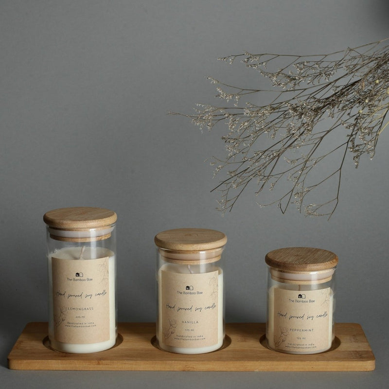 Buy Bamboo Lid Jar Soy Candles | Set of 3 | Peppermint | Vanilla | Lemon Grass | Shop Verified Sustainable Candles & Fragrances on Brown Living™