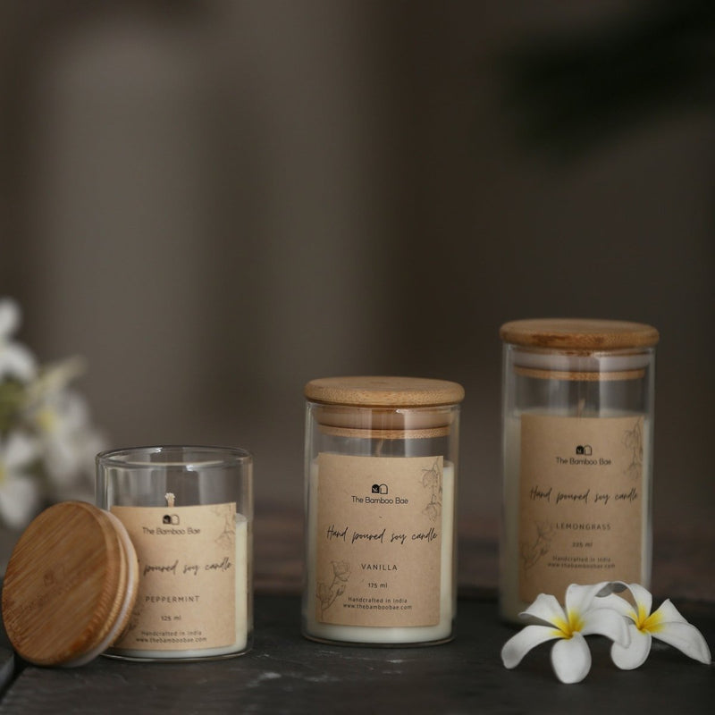 Buy Bamboo Lid Jar Soy Candles | Set of 3 | Peppermint | Vanilla | Lemon Grass | Shop Verified Sustainable Candles & Fragrances on Brown Living™