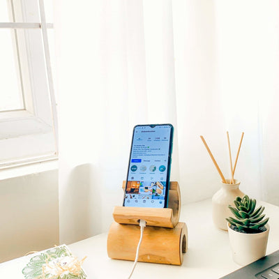 Bamboo Mobile Holder | Charging Dock | Ideal Corporate Gift – Desk Accessories on Brown Living™. SKU: TBB - 8. Img 1.