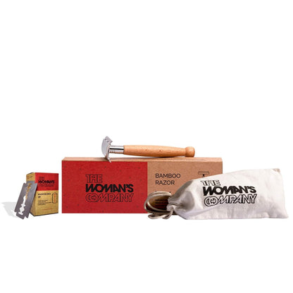 Bamboo Safety Razor for Men & Women With Bio - degradable Blades 10 + 30pcs – Shaving Razor by The Woman's Company available on Brown Living™. . SKU: TWC33349_1. Img 1.