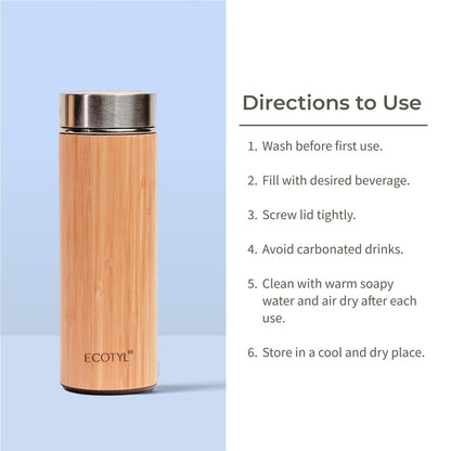 Bamboo Stainless Steel Insulated Flask With Strainer - 450 ml | Verified Sustainable by Brown Living™