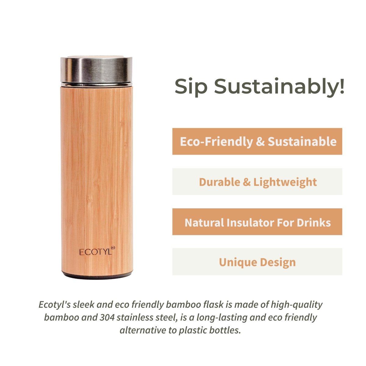 Bamboo Stainless Steel Insulated Flask With Strainer - 450 ml | Verified Sustainable by Brown Living™