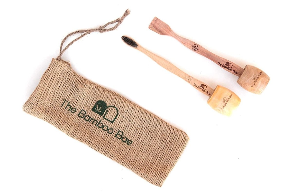 Bamboo Toothbrush and Tongue Cleaner with 2 Holders Combo | Oral Care Kit | With Reusable Jute Pouch | Verified Sustainable by Brown Living™