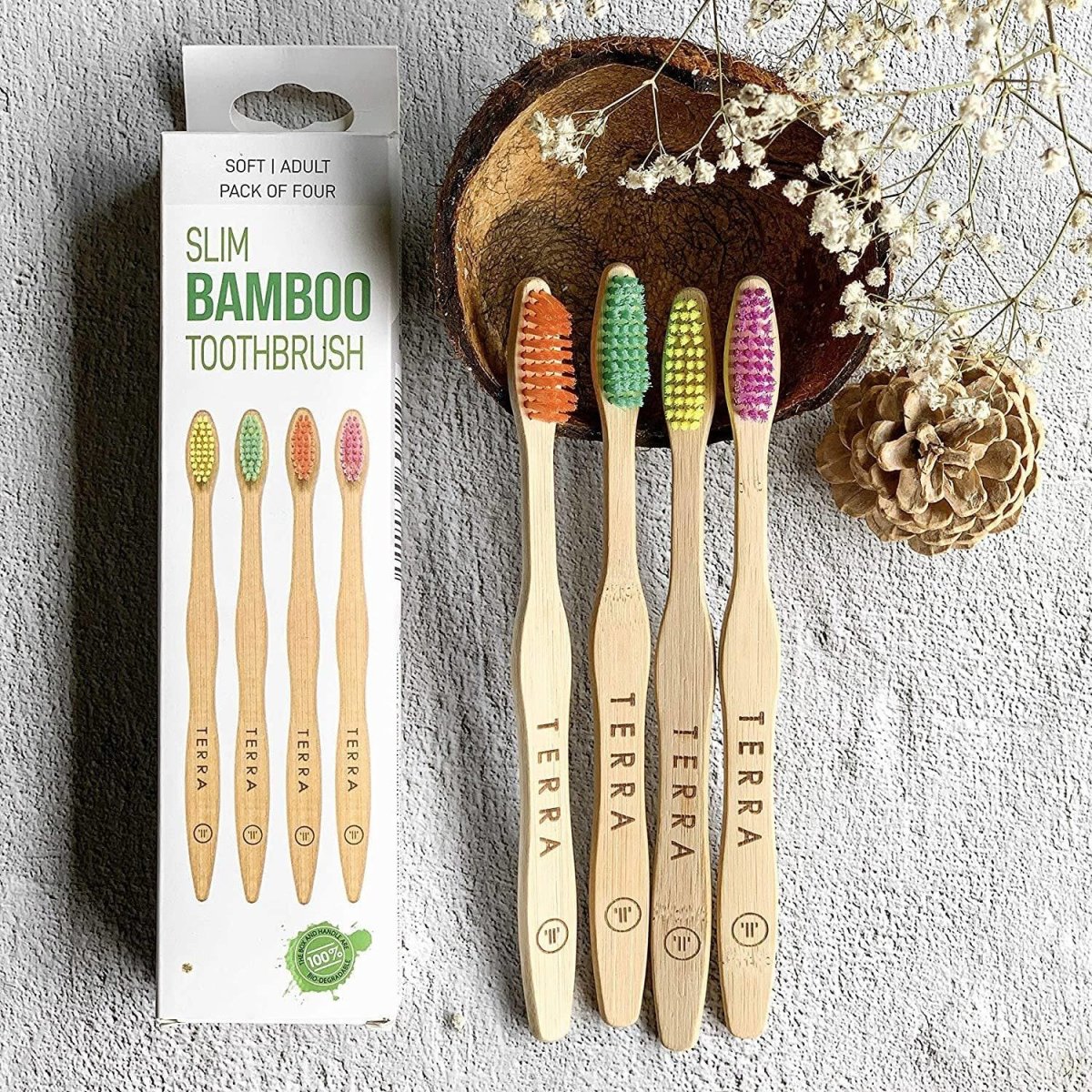 Bamboo Toothbrushes Pack of 4 Soft Bristles Multicolor Adult | Verified Sustainable by Brown Living™